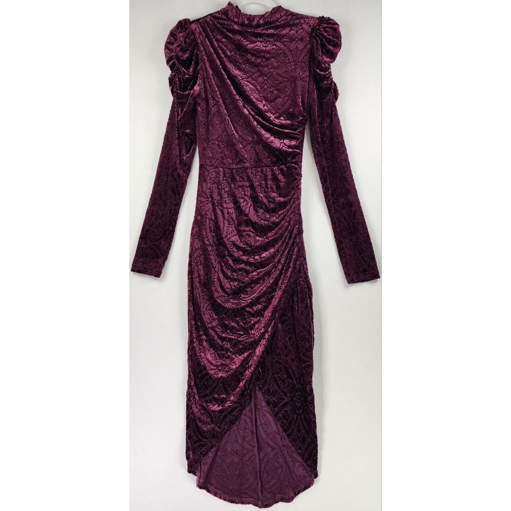 Vici Dress Womens XS Wine Velvet Victoria Anne Puff Shoulder High Low Midi